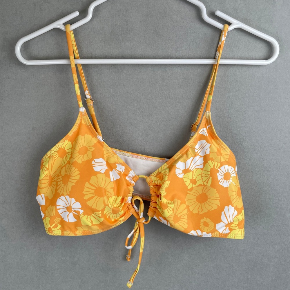 Orange Floral Bikini Top Cinched Front Tie Adjustable Straps Tropical Hippie L